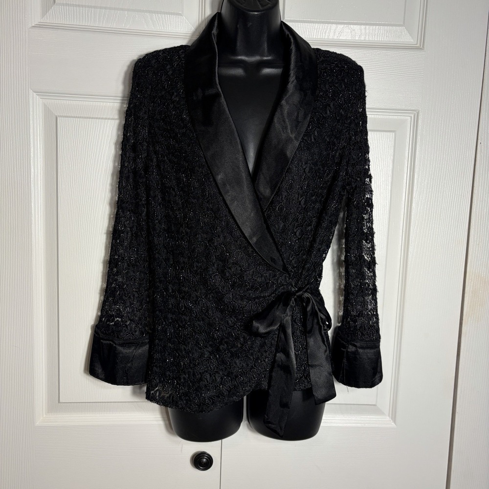 Vintage Onyx Night Wrap Shirt Women L Black Lace Satin Collar Y2K Whimsigoth Top